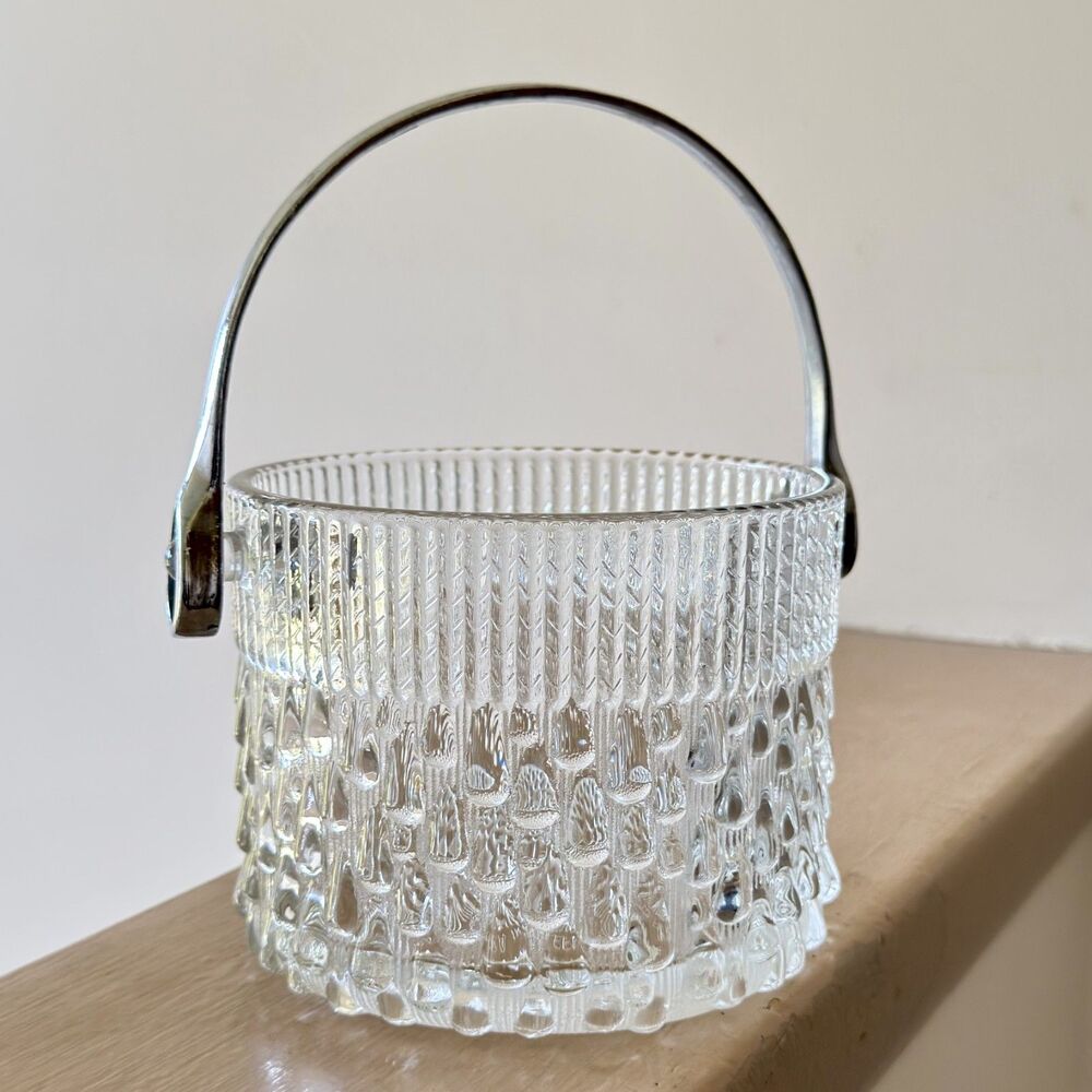 Vintage Teleflora Clear Glass Ice Bucket with Chrome Handle Made in France